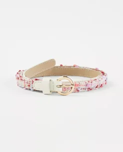 Elegant Multicolored Tweed Belt with Polished Round Buckle