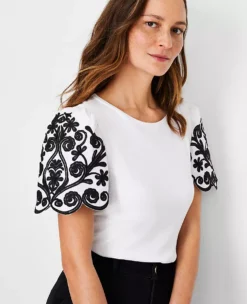 Floral Embroidered Sleeve Tee 5 Floral Embroidered Sleeve Tee -Ann Taylor Store 613602 2222 ALT2