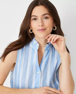 Striped Ruffle Button Top