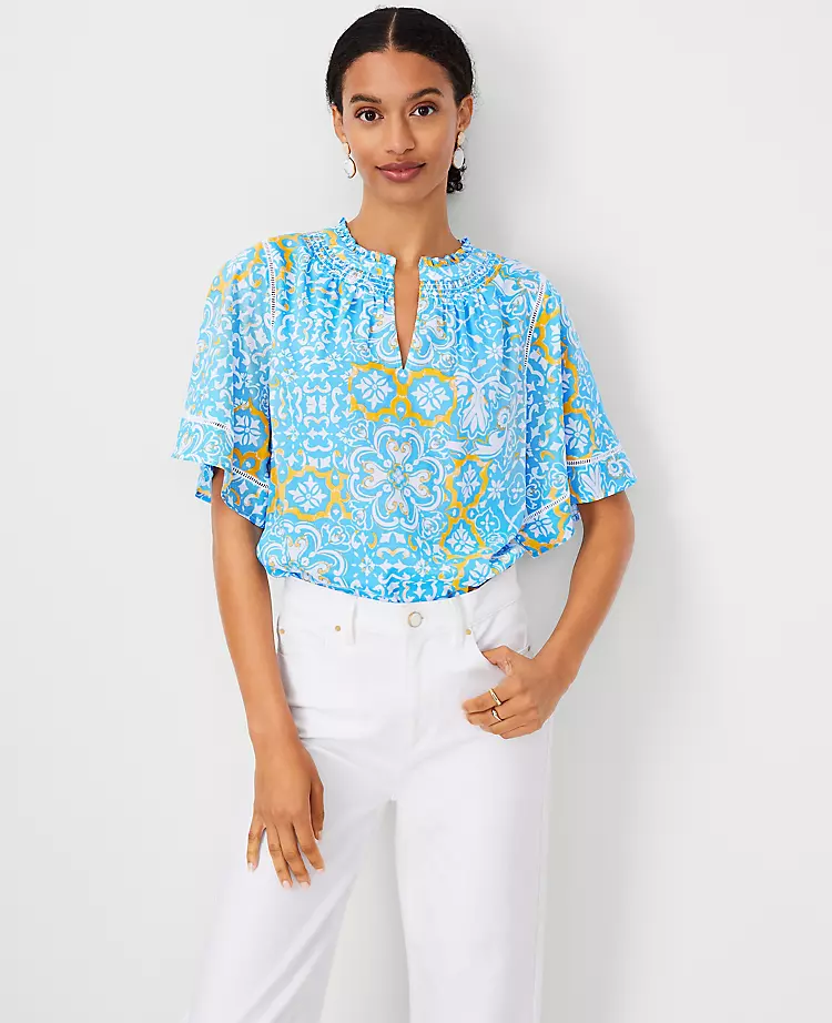 Tile Print Cutout Flutter Sleeve Top 1 Tile Print Cutout Flutter Sleeve Top