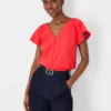 Pleated V-Neck Button Top