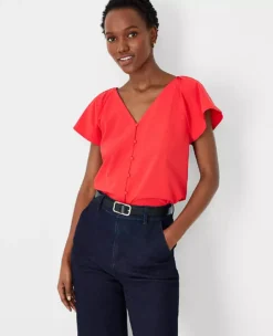 Pleated V-Neck Button Top