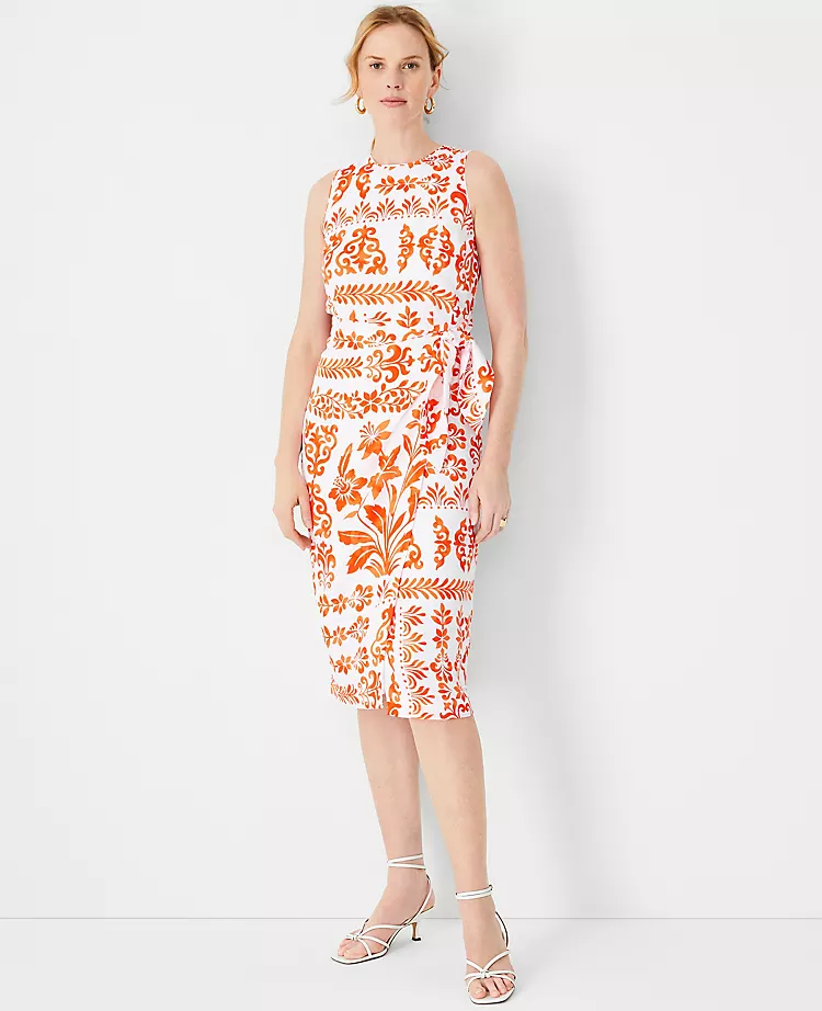 Botanical Tie Waist Sheath Dress - Elegant Sleeveless Midi 1 Botanical Tie Waist Sheath Dress - Elegant Sleeveless Midi