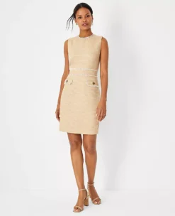 Shimmer Tweed Button Pocket Sheath Dress