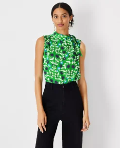 Floral Asymmetrical Tie Neck Mixed Media Shell