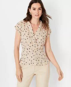Dotted Shawl Collar Mixed Media Peplum Top