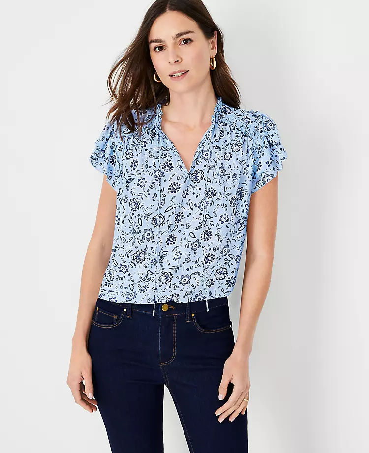 Floral Ruffle Tie Neck Mixed Media Top 1 Floral Ruffle Tie Neck Mixed Media Top