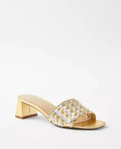 Metallic Woven Leather Block Heel Sandals with Padded Footbed
