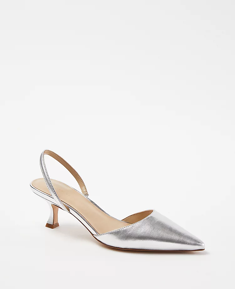 Metallic Leather Kitten Heel Slingback Pumps 1 Metallic Leather Kitten Heel Slingback Pumps