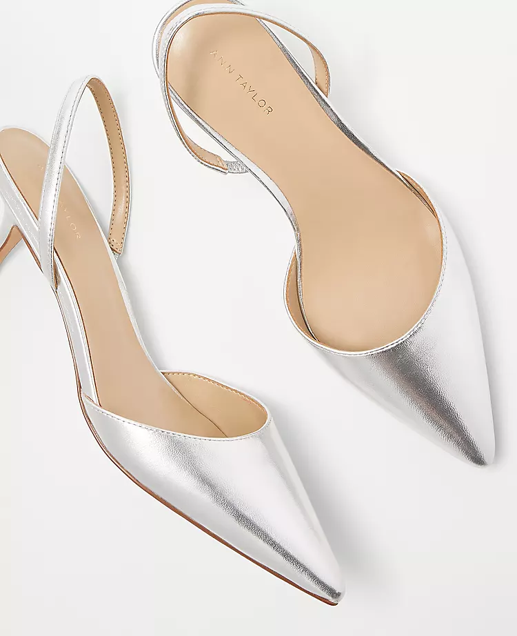 Metallic Leather Kitten Heel Slingback Pumps 2 Metallic Leather Kitten Heel Slingback Pumps - Image 2