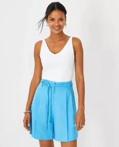 High Waist Belted Pleated Linen Blend Shorts - Tailored Fit