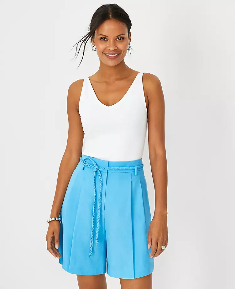 High Waist Belted Pleated Linen Blend Shorts - Tailored Fit 1 High Waist Belted Pleated Linen Blend Shorts - Tailored Fit