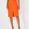 Tailored Belted Pencil Skirt with Front Slit - Professional Knee Length