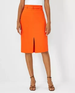Tailored Belted Pencil Skirt with Front Slit - Professional Knee Length
