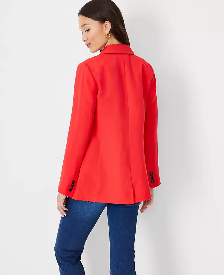 Petite Relaxed Double Breasted Long Blazer in Linen Blend 2 Petite Relaxed Double Breasted Long Blazer in Linen Blend - Image 2