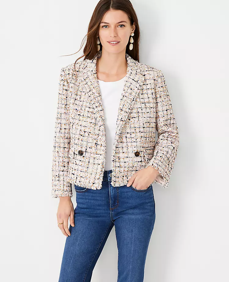 Petite Multicolored Tweed Double Breasted Blazer 1 Petite Multicolored Tweed Double Breasted Blazer