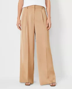 Elegant Petite Pleated Wide Leg Satin Pant with High Waist