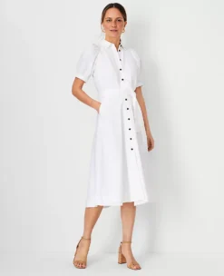 Petite Linen Blend Puff Sleeve Shirtdress - Mid-Calf Belted Style