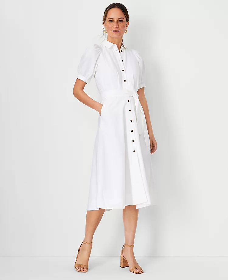Petite Linen Blend Puff Sleeve Shirtdress - Mid-Calf Belted Style 1 Petite Linen Blend Puff Sleeve Shirtdress - Mid-Calf Belted Style