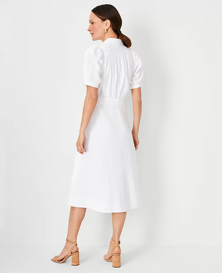 Petite Linen Blend Puff Sleeve Shirtdress - Mid-Calf Belted Style 2 Petite Linen Blend Puff Sleeve Shirtdress - Mid-Calf Belted Style - Image 2