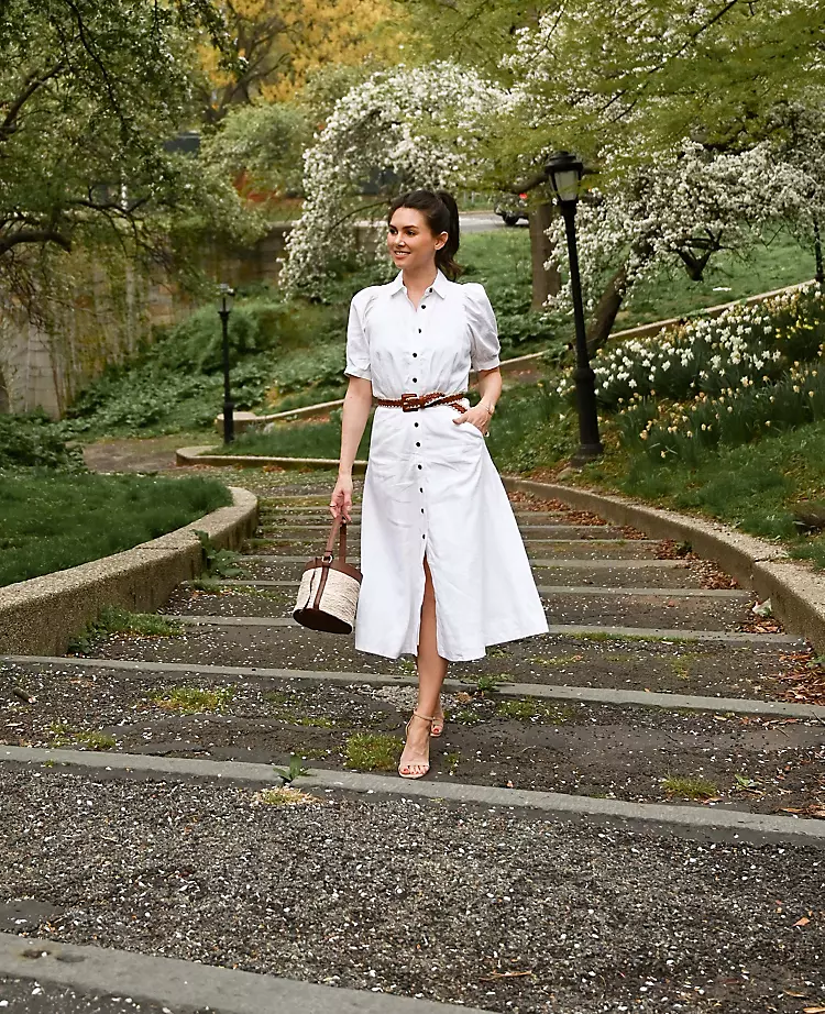 Petite Linen Blend Puff Sleeve Shirtdress - Mid-Calf Belted Style 5 Petite Linen Blend Puff Sleeve Shirtdress - Mid-Calf Belted Style - Image 5