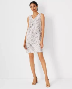 Petite Multicolored Tweed Double V-Neck Shift Dress for Work