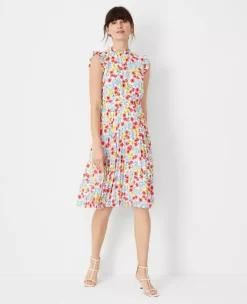 Petite Floral Ruffle Pleated Flare Dress - Elegant Knee-Length Workwear