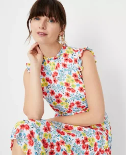Petite Floral Ruffle Pleated Flare Dress - Elegant Knee-Length Workwear -Ann Taylor Store 614446 9000 ALT2