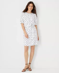 Petite Polka Dot Shirred Shift Dress with Waist-Defining Belt