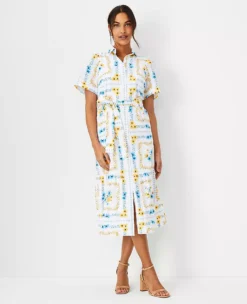 Petite Floral Square Belted Shirtdress - Elegant Workwear Midi