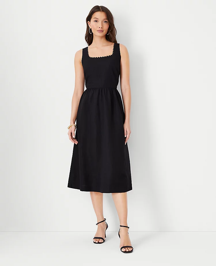 Petite Scalloped Linen Blend Flare Dress for Office and Events 1 Petite Scalloped Linen Blend Flare Dress for Office and Events