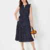 Petite Spotted Ruffle Belted Flare Dress for Work and Casual Wear