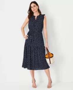 Petite Spotted Ruffle Belted Flare Dress for Work and Casual Wear