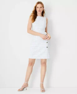 Petite Plaid Sheath Dress with Button Trim - Tailored Professional Office Wear