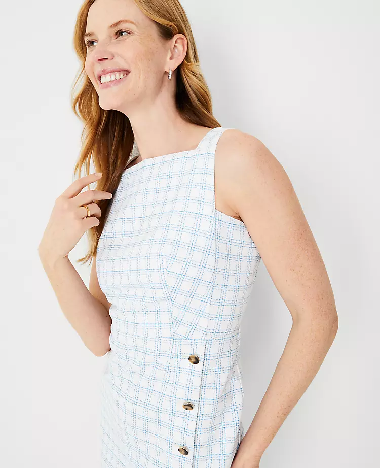 Petite Plaid Sheath Dress with Button Trim - Tailored Professional Office Wear 3 Petite Plaid Sheath Dress with Button Trim - Tailored Professional Office Wear - Image 3