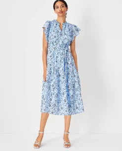 Petite Floral Flutter Sleeve Belted Flare Dress for Work and Summer