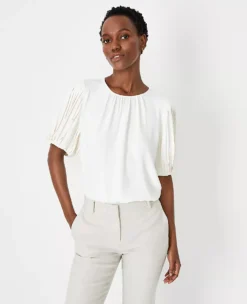 Elegant Petite Pleated Elbow Sleeve Mixed Media Top for Work