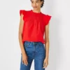 Petite Mixed Media Ric Rac Yoke Top with Ruffle Sleeves