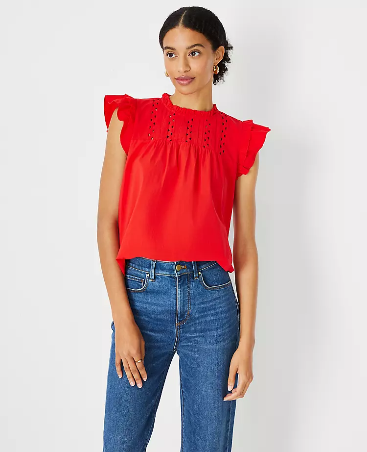 Petite Mixed Media Ric Rac Yoke Top with Ruffle Sleeves 1 Petite Mixed Media Ric Rac Yoke Top with Ruffle Sleeves