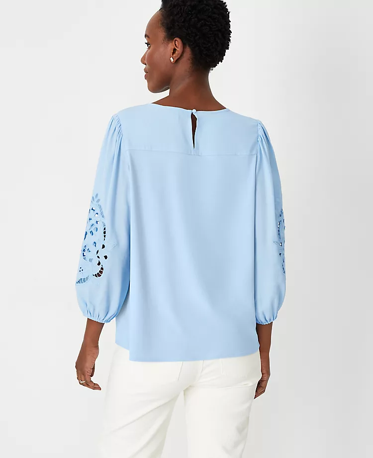 Petite Eyelet Sleeve Mixed Media Top - Elegant Professional Work Blouse 2 Petite Eyelet Sleeve Mixed Media Top - Elegant Professional Work Blouse - Image 2