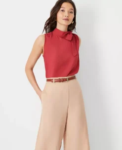 Petite Asymmetrical Tie Neck Mixed Media Shell