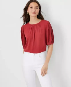 Petite Pleated Elbow Sleeve Mixed Media Work Top