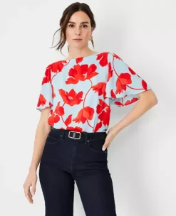 Petite Floral Elbow Sleeve Mixed Media Blouse