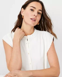 Petite Scalloped Flutter Sleeve Top - Professional Mixed Media Button Blouse