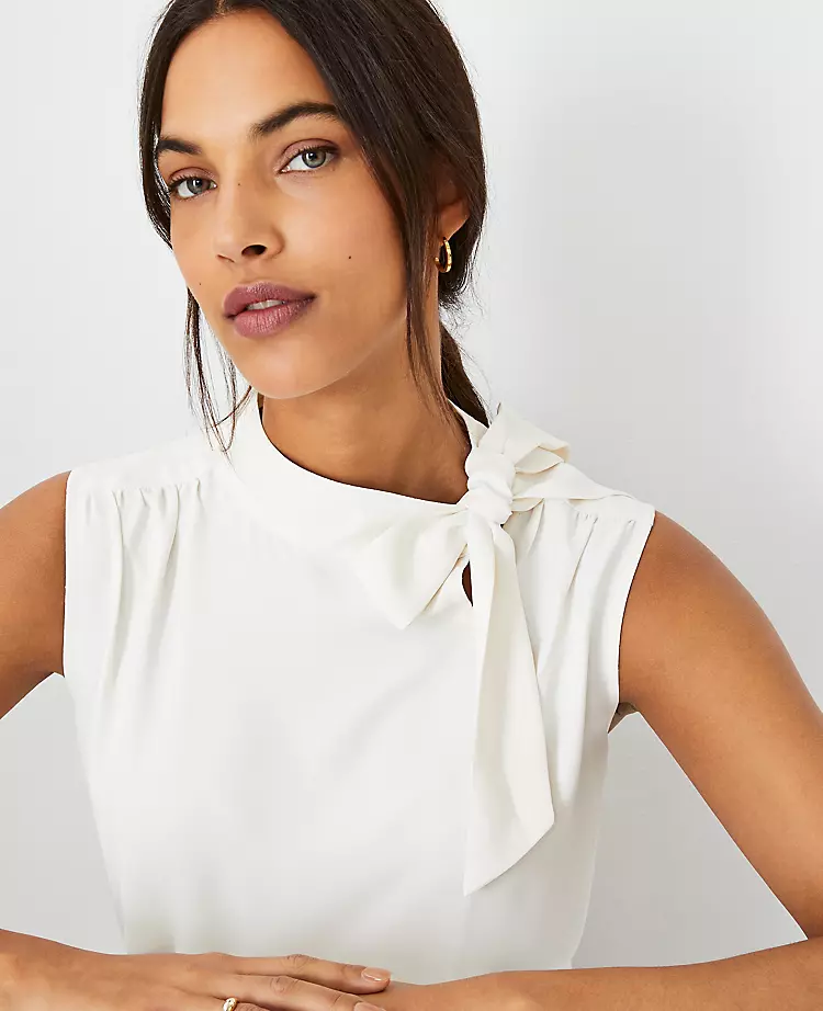 Petite Asymmetrical Tie Neck Mixed Media Work Shell 1 Petite Asymmetrical Tie Neck Mixed Media Work Shell