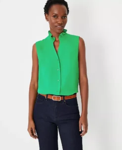 Petite Ruffle Button Sleeveless Top for Professional Workwear