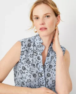 Petite Floral Ruffle Neck Button Front Blouse