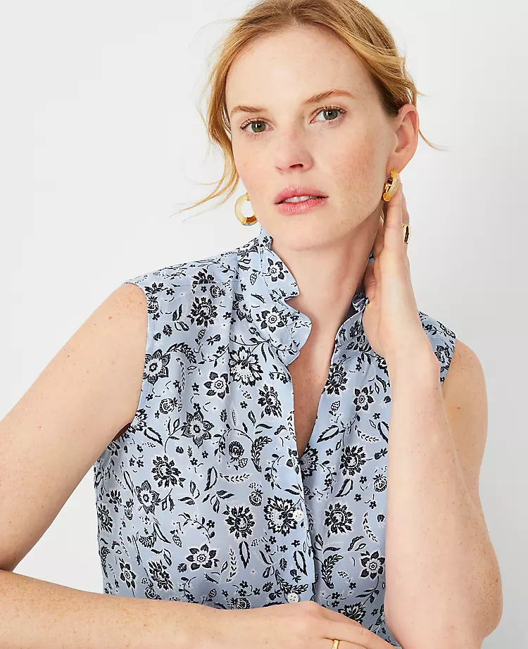 Petite Floral Ruffle Neck Button Front Blouse 1 Petite Floral Ruffle Neck Button Front Blouse