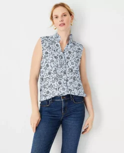Petite Floral Ruffle Neck Button Front Blouse 5 Petite Floral Ruffle Neck Button Front Blouse -Ann Taylor Store 614687 018571 ALT2