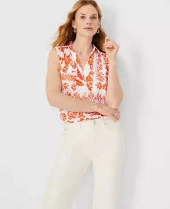 Petite Botanical Sleeveless Camp Shirt - Professional V-Neck Blouse